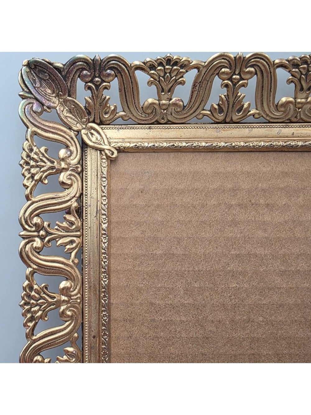 Ornate Gold-Tone Filigree Metal Picture Frame Tray Floral Motif 9" x 15.5" Vinta